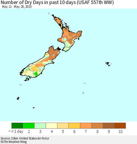New Zealand Number of Dry Days in past 10 days (USAF 557th WW) Thematic Map For 5/16/2023 - 5/20/2023