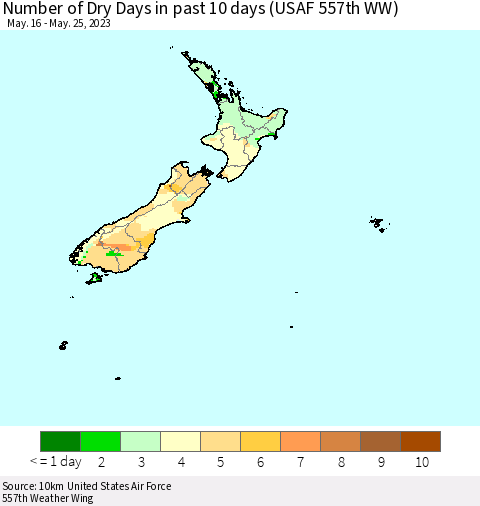 New Zealand Number of Dry Days in past 10 days (USAF 557th WW) Thematic Map For 5/21/2023 - 5/25/2023