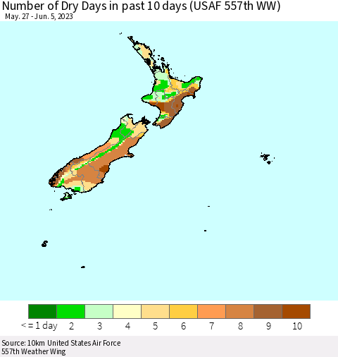 New Zealand Number of Dry Days in past 10 days (USAF 557th WW) Thematic Map For 6/1/2023 - 6/5/2023
