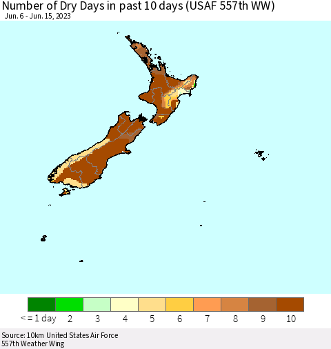 New Zealand Number of Dry Days in past 10 days (USAF 557th WW) Thematic Map For 6/11/2023 - 6/15/2023