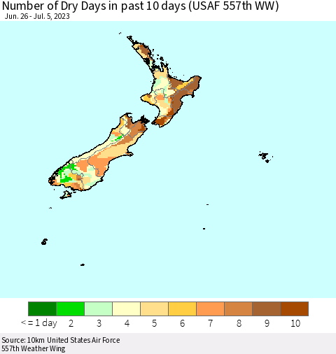 New Zealand Number of Dry Days in past 10 days (USAF 557th WW) Thematic Map For 7/1/2023 - 7/5/2023