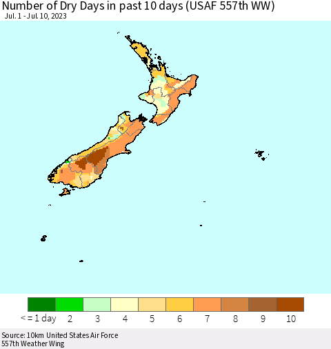 New Zealand Number of Dry Days in past 10 days (USAF 557th WW) Thematic Map For 7/6/2023 - 7/10/2023