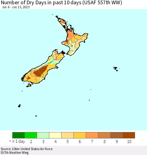 New Zealand Number of Dry Days in past 10 days (USAF 557th WW) Thematic Map For 7/11/2023 - 7/15/2023