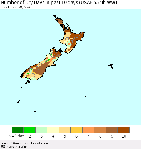 New Zealand Number of Dry Days in past 10 days (USAF 557th WW) Thematic Map For 7/16/2023 - 7/20/2023