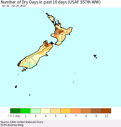 New Zealand Number of Dry Days in past 10 days (USAF 557th WW) Thematic Map For 7/21/2023 - 7/25/2023