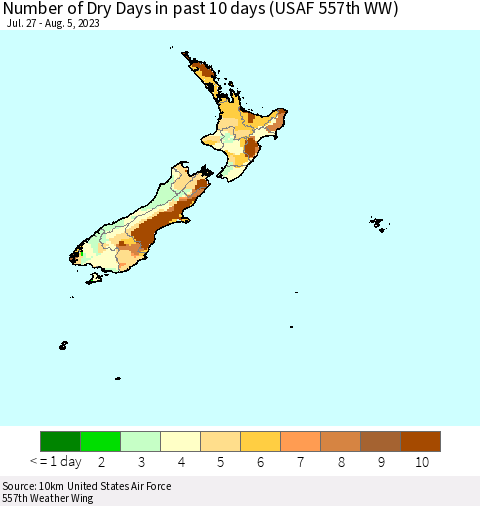 New Zealand Number of Dry Days in past 10 days (USAF 557th WW) Thematic Map For 8/1/2023 - 8/5/2023