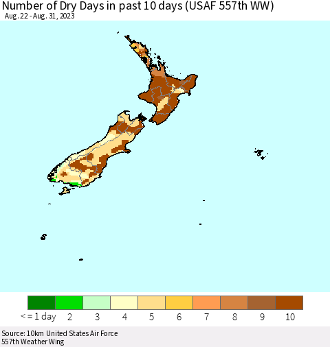 New Zealand Number of Dry Days in past 10 days (USAF 557th WW) Thematic Map For 8/26/2023 - 8/31/2023