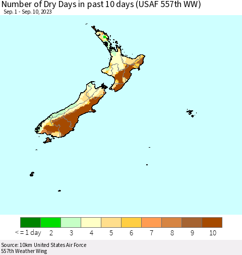 New Zealand Number of Dry Days in past 10 days (USAF 557th WW) Thematic Map For 9/6/2023 - 9/10/2023