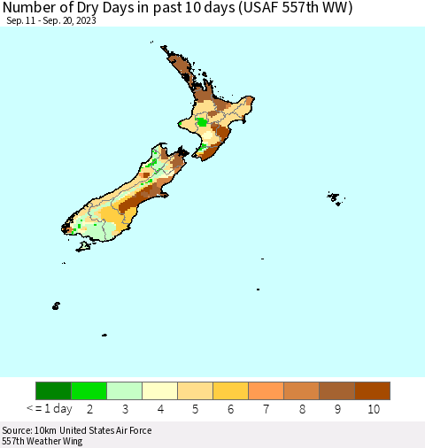 New Zealand Number of Dry Days in past 10 days (USAF 557th WW) Thematic Map For 9/16/2023 - 9/20/2023