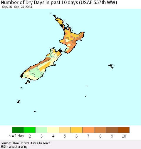 New Zealand Number of Dry Days in past 10 days (USAF 557th WW) Thematic Map For 9/21/2023 - 9/25/2023