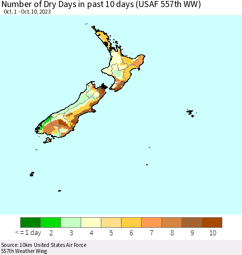 New Zealand Number of Dry Days in past 10 days (USAF 557th WW) Thematic Map For 10/6/2023 - 10/10/2023