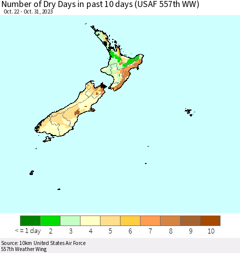 New Zealand Number of Dry Days in past 10 days (USAF 557th WW) Thematic Map For 10/26/2023 - 10/31/2023