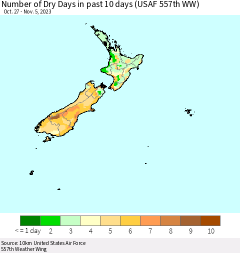 New Zealand Number of Dry Days in past 10 days (USAF 557th WW) Thematic Map For 11/1/2023 - 11/5/2023