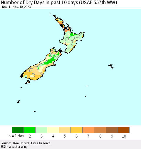 New Zealand Number of Dry Days in past 10 days (USAF 557th WW) Thematic Map For 11/6/2023 - 11/10/2023