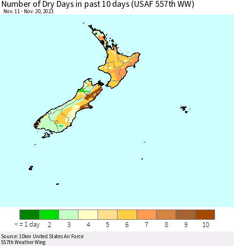 New Zealand Number of Dry Days in past 10 days (USAF 557th WW) Thematic Map For 11/16/2023 - 11/20/2023
