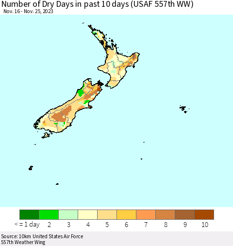 New Zealand Number of Dry Days in past 10 days (USAF 557th WW) Thematic Map For 11/21/2023 - 11/25/2023
