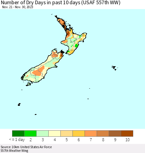 New Zealand Number of Dry Days in past 10 days (USAF 557th WW) Thematic Map For 11/26/2023 - 11/30/2023