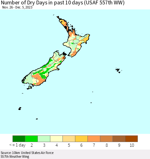 New Zealand Number of Dry Days in past 10 days (USAF 557th WW) Thematic Map For 12/1/2023 - 12/5/2023
