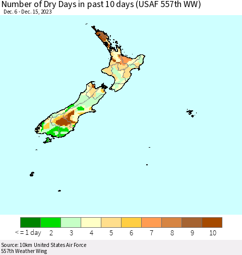New Zealand Number of Dry Days in past 10 days (USAF 557th WW) Thematic Map For 12/11/2023 - 12/15/2023