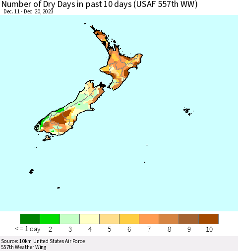 New Zealand Number of Dry Days in past 10 days (USAF 557th WW) Thematic Map For 12/16/2023 - 12/20/2023