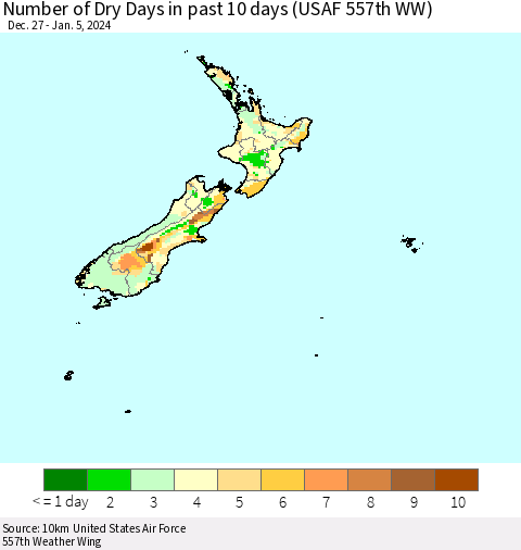 New Zealand Number of Dry Days in past 10 days (USAF 557th WW) Thematic Map For 1/1/2024 - 1/5/2024