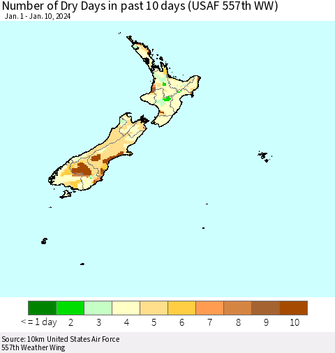 New Zealand Number of Dry Days in past 10 days (USAF 557th WW) Thematic Map For 1/6/2024 - 1/10/2024