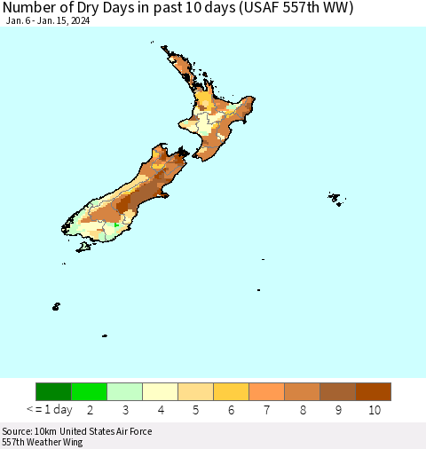 New Zealand Number of Dry Days in past 10 days (USAF 557th WW) Thematic Map For 1/11/2024 - 1/15/2024