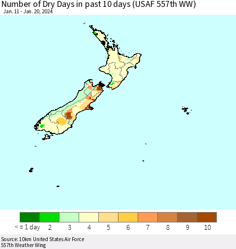 New Zealand Number of Dry Days in past 10 days (USAF 557th WW) Thematic Map For 1/16/2024 - 1/20/2024