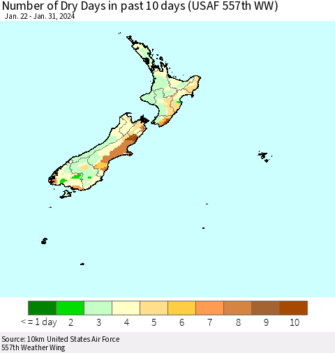 New Zealand Number of Dry Days in past 10 days (USAF 557th WW) Thematic Map For 1/26/2024 - 1/31/2024