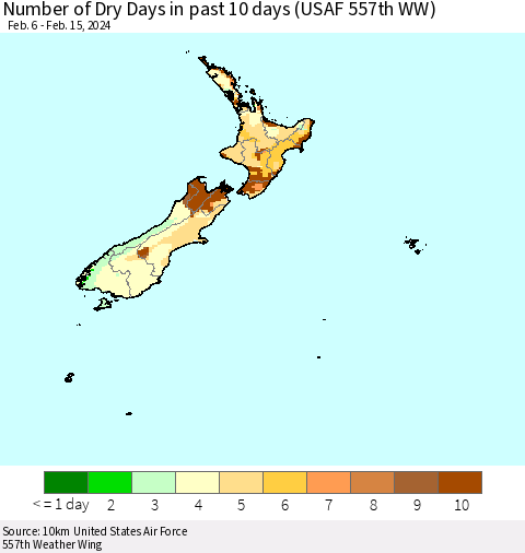 New Zealand Number of Dry Days in past 10 days (USAF 557th WW) Thematic Map For 2/11/2024 - 2/15/2024
