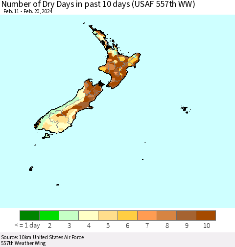 New Zealand Number of Dry Days in past 10 days (USAF 557th WW) Thematic Map For 2/16/2024 - 2/20/2024