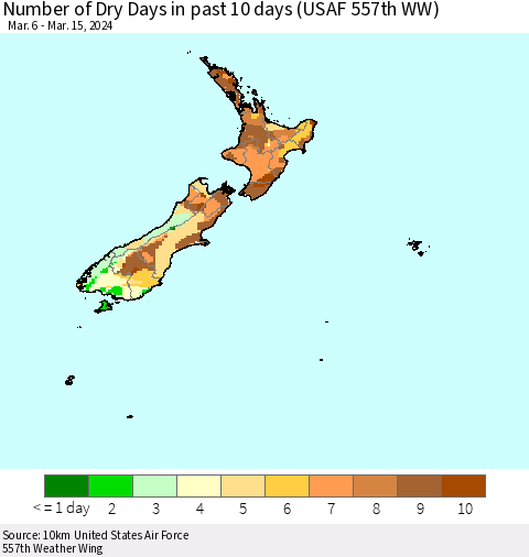 New Zealand Number of Dry Days in past 10 days (USAF 557th WW) Thematic Map For 3/11/2024 - 3/15/2024