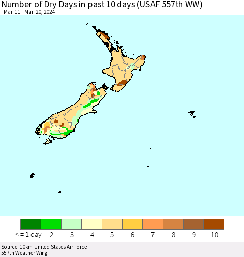 New Zealand Number of Dry Days in past 10 days (USAF 557th WW) Thematic Map For 3/16/2024 - 3/20/2024