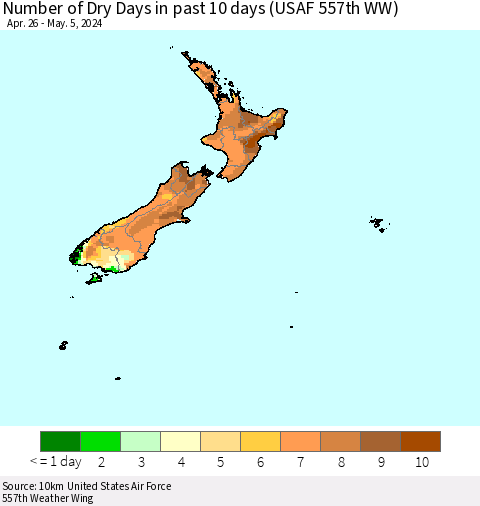 New Zealand Number of Dry Days in past 10 days (USAF 557th WW) Thematic Map For 5/1/2024 - 5/5/2024