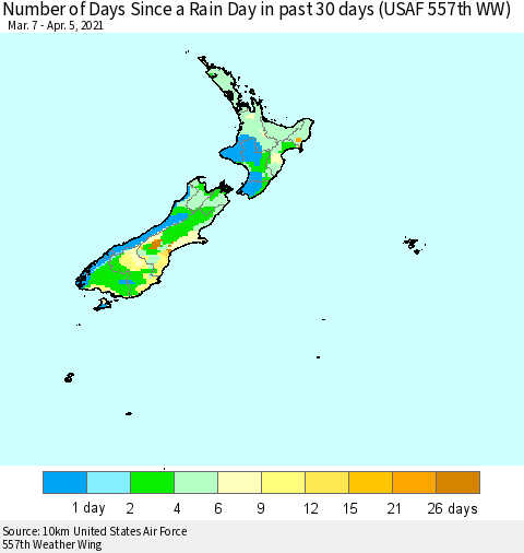 New Zealand Number of Days Since a Rain Day in past 30 days (USAF 557th WW) Thematic Map For 4/1/2021 - 4/5/2021