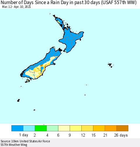New Zealand Number of Days Since a Rain Day in past 30 days (USAF 557th WW) Thematic Map For 4/6/2021 - 4/10/2021
