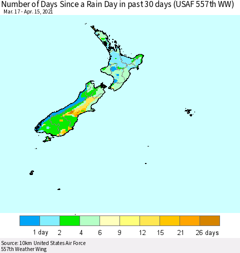 New Zealand Number of Days Since a Rain Day in past 30 days (USAF 557th WW) Thematic Map For 4/11/2021 - 4/15/2021