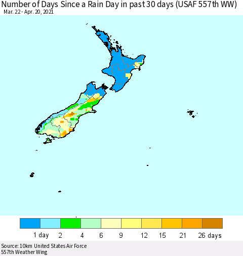 New Zealand Number of Days Since a Rain Day in past 30 days (USAF 557th WW) Thematic Map For 4/16/2021 - 4/20/2021