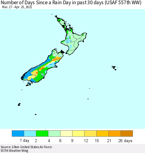 New Zealand Number of Days Since a Rain Day in past 30 days (USAF 557th WW) Thematic Map For 4/21/2021 - 4/25/2021