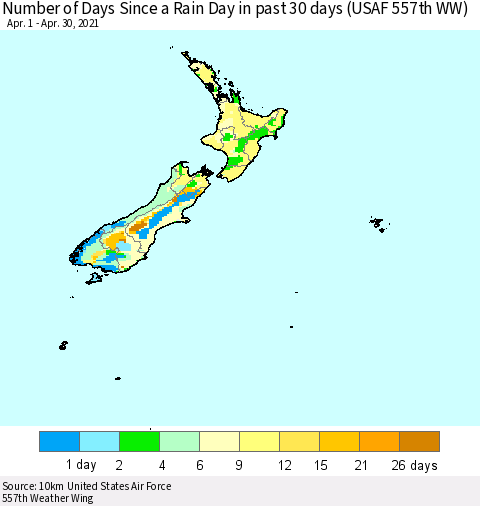 New Zealand Number of Days Since a Rain Day in past 30 days (USAF 557th WW) Thematic Map For 4/26/2021 - 4/30/2021