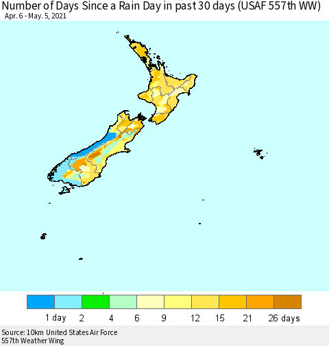 New Zealand Number of Days Since a Rain Day in past 30 days (USAF 557th WW) Thematic Map For 5/1/2021 - 5/5/2021
