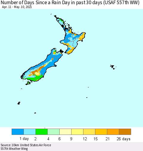 New Zealand Number of Days Since a Rain Day in past 30 days (USAF 557th WW) Thematic Map For 5/6/2021 - 5/10/2021