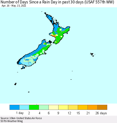 New Zealand Number of Days Since a Rain Day in past 30 days (USAF 557th WW) Thematic Map For 5/11/2021 - 5/15/2021