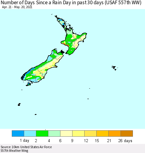 New Zealand Number of Days Since a Rain Day in past 30 days (USAF 557th WW) Thematic Map For 5/16/2021 - 5/20/2021