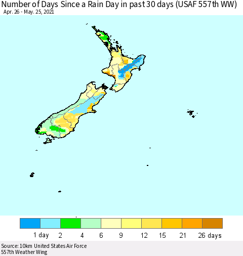 New Zealand Number of Days Since a Rain Day in past 30 days (USAF 557th WW) Thematic Map For 5/21/2021 - 5/25/2021