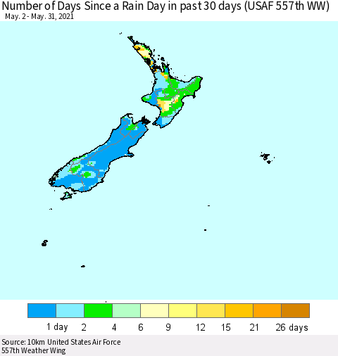 New Zealand Number of Days Since a Rain Day in past 30 days (USAF 557th WW) Thematic Map For 5/26/2021 - 5/31/2021