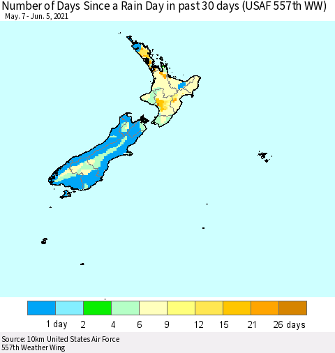New Zealand Number of Days Since a Rain Day in past 30 days (USAF 557th WW) Thematic Map For 6/1/2021 - 6/5/2021