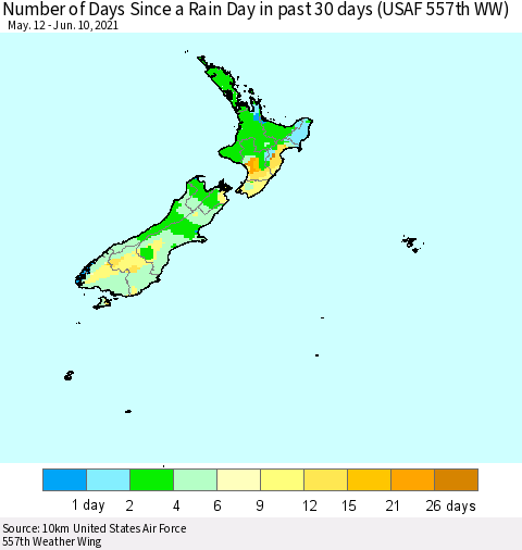 New Zealand Number of Days Since a Rain Day in past 30 days (USAF 557th WW) Thematic Map For 6/6/2021 - 6/10/2021