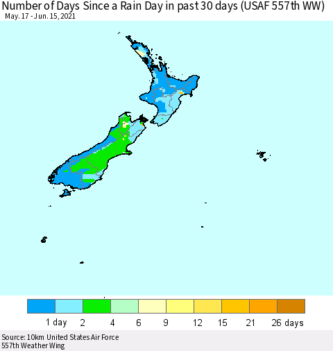 New Zealand Number of Days Since a Rain Day in past 30 days (USAF 557th WW) Thematic Map For 6/11/2021 - 6/15/2021