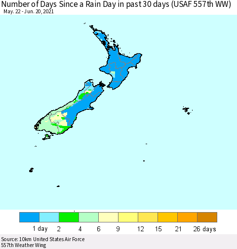 New Zealand Number of Days Since a Rain Day in past 30 days (USAF 557th WW) Thematic Map For 6/16/2021 - 6/20/2021
